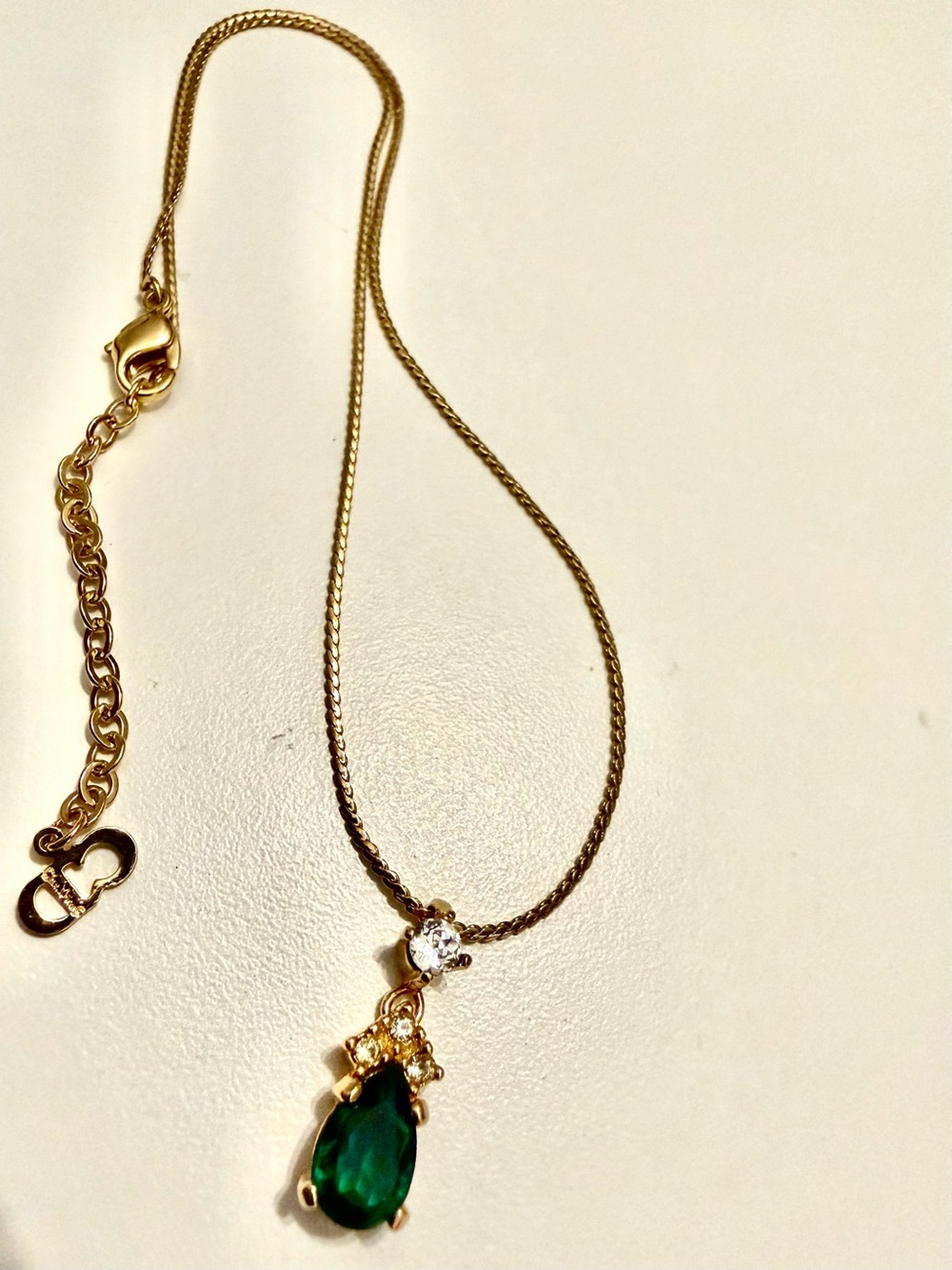 Christian Dior necklace metal rhinestone gold green clear color stone pendant